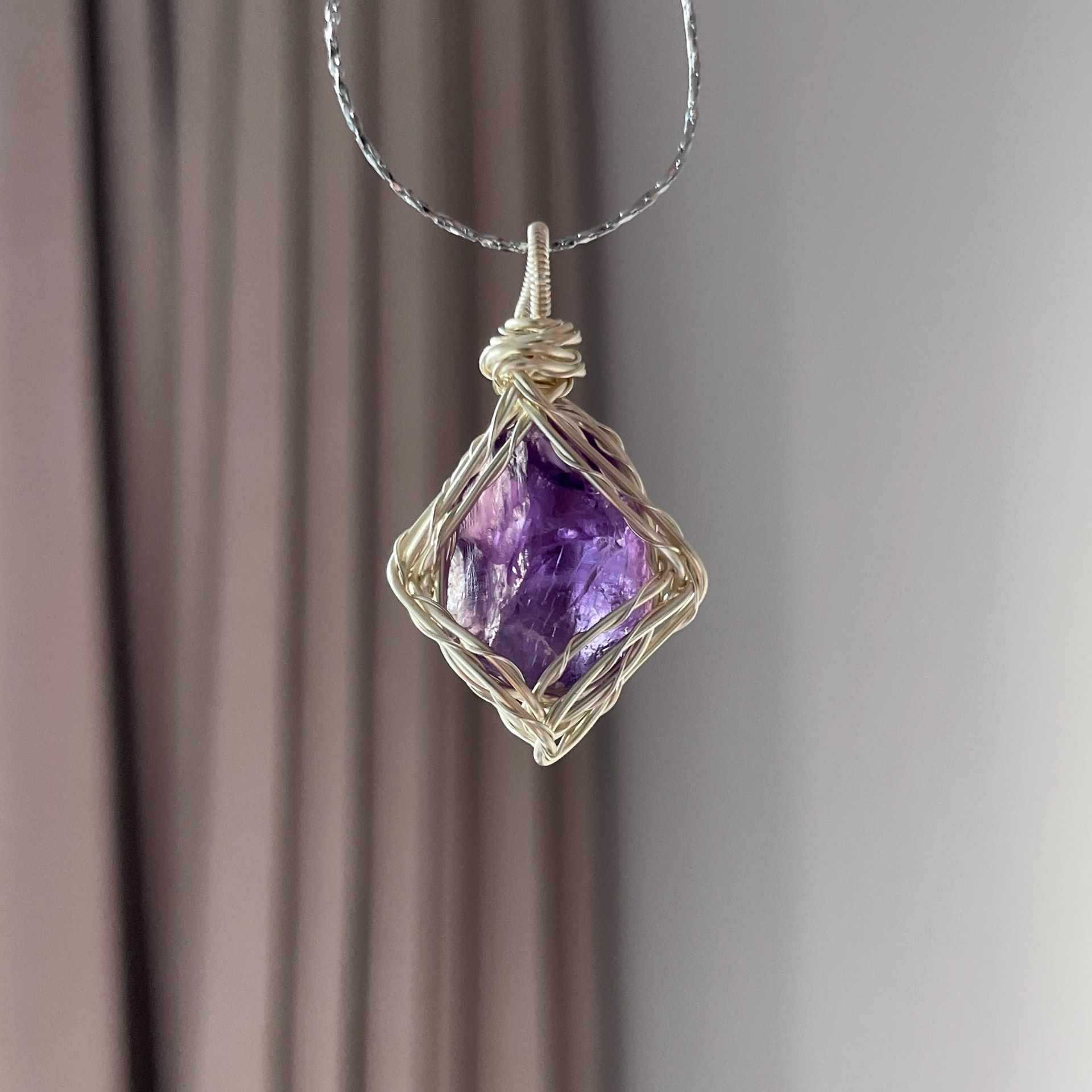Original Handmade Winding Necklace Pendant Aquamarine Amethyst Gem Grade