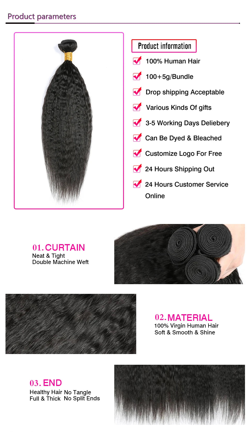 3PCS Kinky Straight Hair 100% Unprocessed Virgin Human Hair Bundles Remy Hair Extensions Human Hair Yaki Straight Hair Bundles
