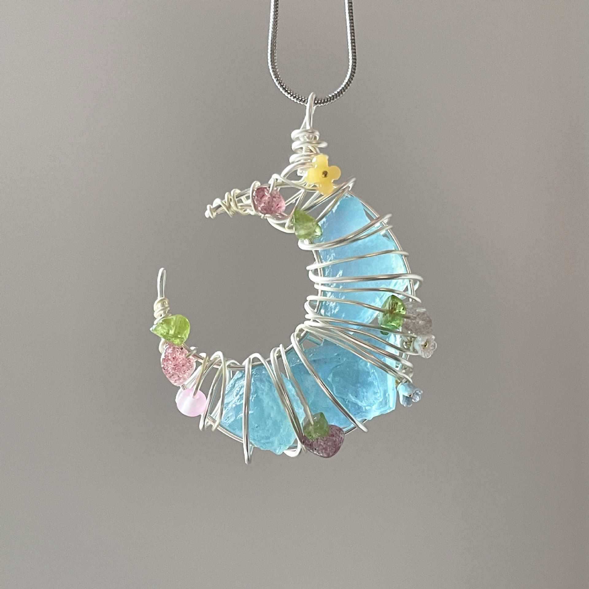 Original Handmade Winding Necklace Pendant Aquamarine Amethyst Gem Grade