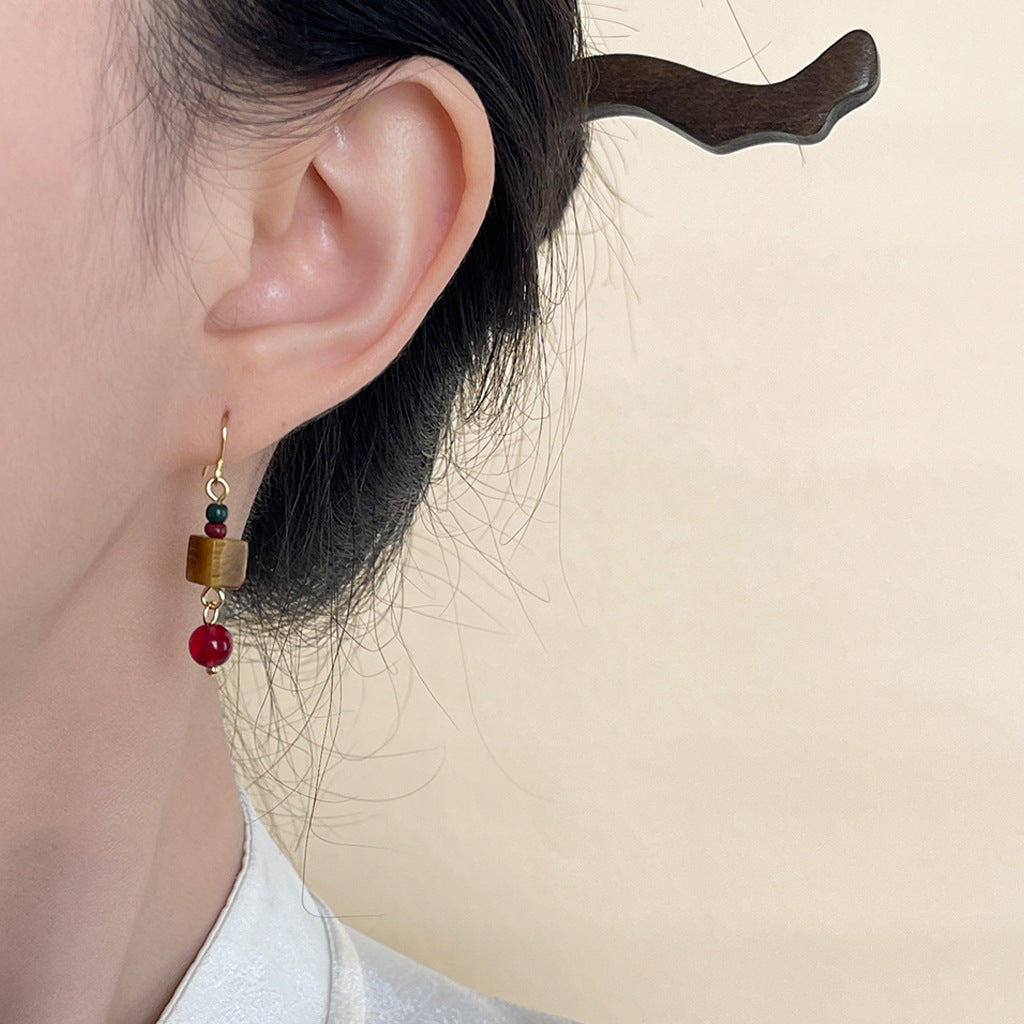 Original Hand Made Retro Natural Stone Earrings Temperament Tigereye