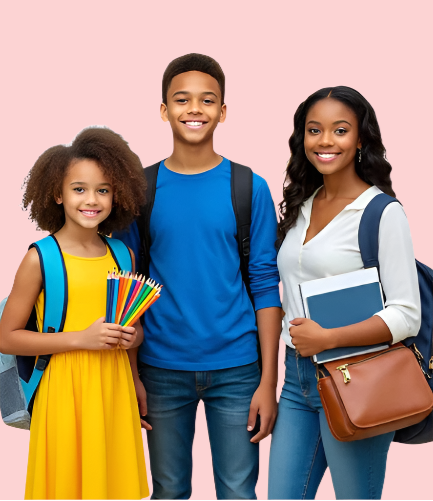 Three children and a woman with school supplies against a pink background