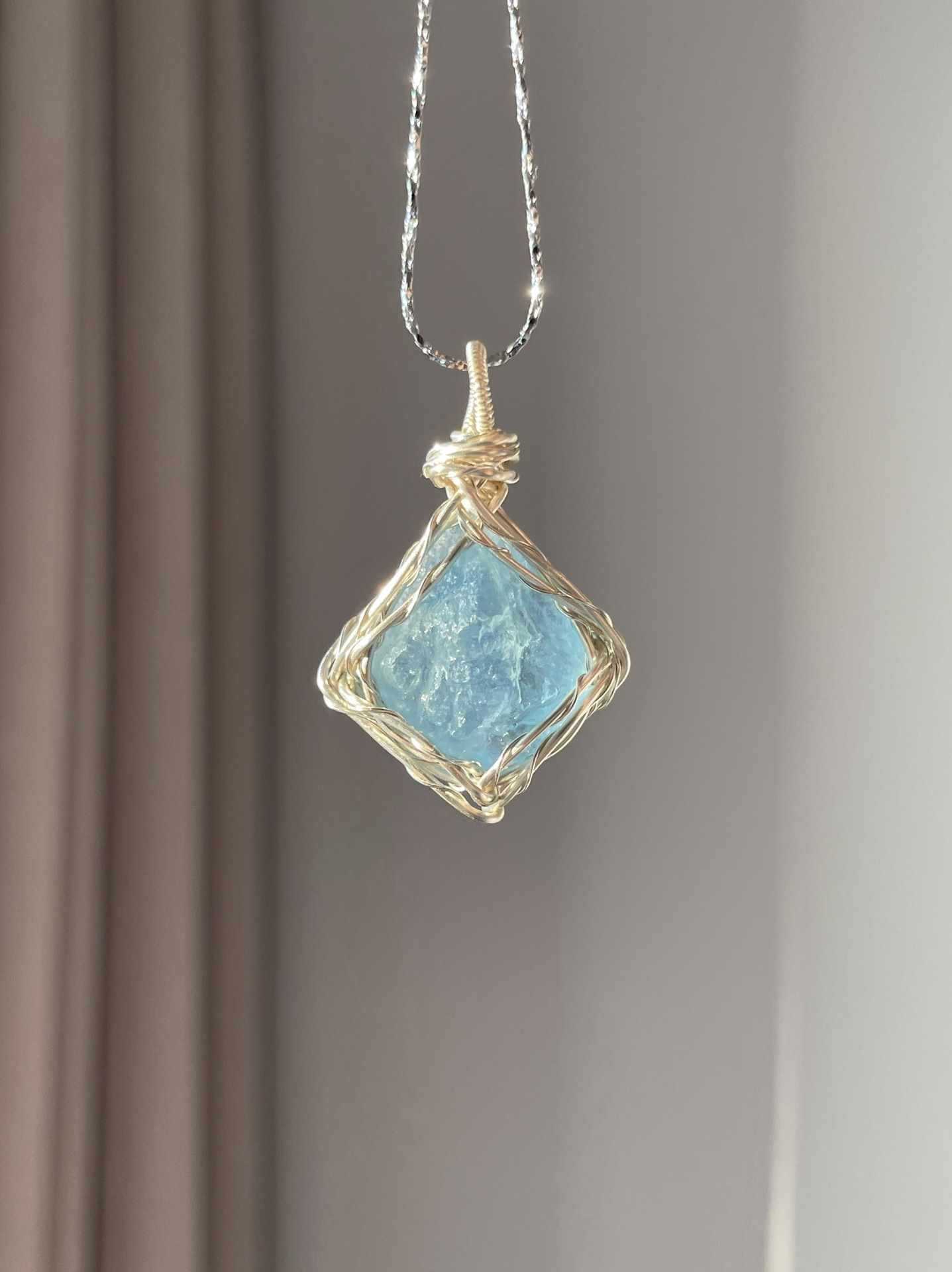 Original Handmade Winding Necklace Pendant Aquamarine Amethyst Gem Grade